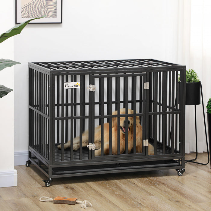 Pawhut 45\" Heavy Duty Steel Dog Crate Kennel Pet Cage With Wheels For Portability & 1 Doors For Convenient Access Anti-pinching Floor, Black