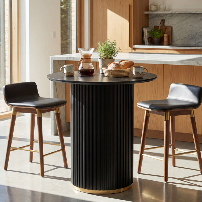 Voss Modern Round Dining Table with Ash Veneer Tabletop & Metal Base, Black