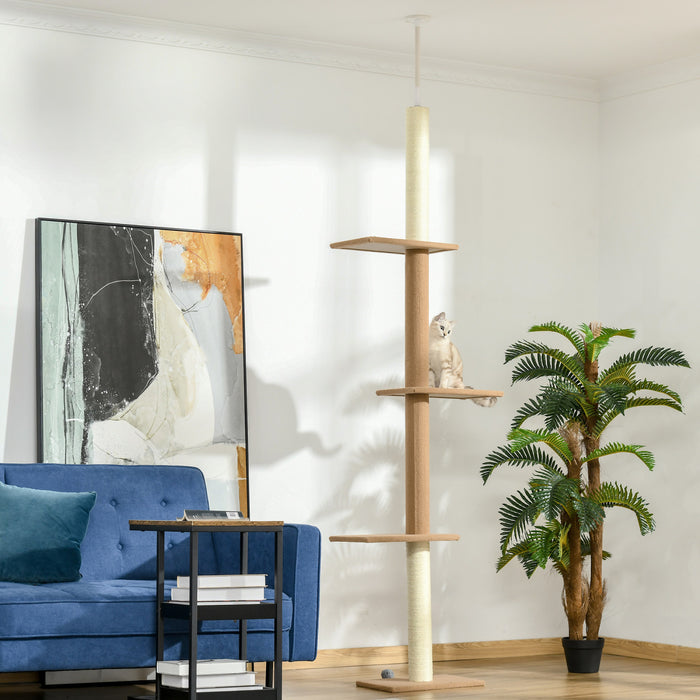 Pawhut 100\" Floor To Ceiling Cat Tree W/ 3 Perches Activity Center For Kittens Cat Tower Furniture, Brown