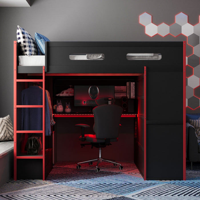 Jerry Wood Loft Bed with Desk and Storage,Full Size,Red Full Bed