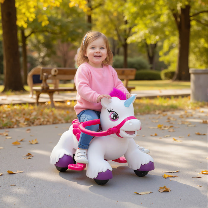 Qaba 12V Unicorn Ride on Toy, Battery Powered Kids Electric Ride on Horse with Carrot Toy, Comb, Animal Sounds, Forward & Backward, Riding Horse for Boys Girls Aged 1.5-3 Years