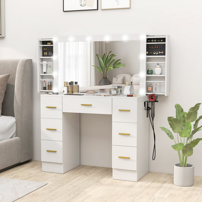 HOMCOM Makeup Vanity Desk, Dressing Table with Mirror and Lights, White