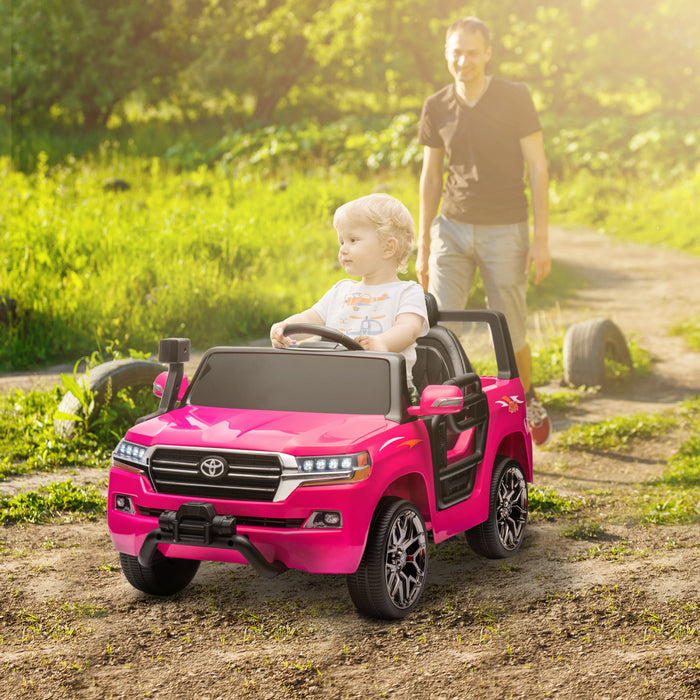 Qaba 12v Electric Powered Ride-On Car For Kids, Toyota Land Cruiser Licensed Kids Car With Parent Remote Control, Four Wheel Spring Suspension, Soft Start, Led Light, Music, Horn, Pink
