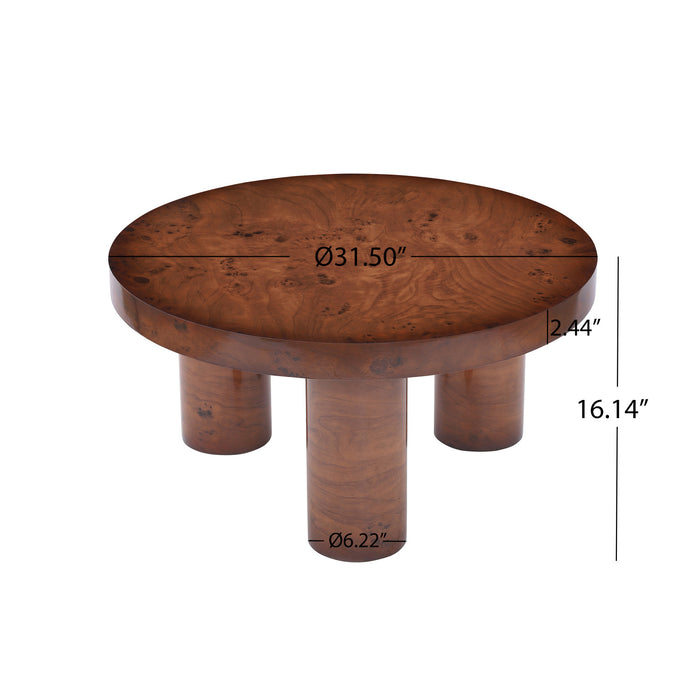 Lira 31.5 Inch Modern Round Burl Veneer Coffee Table with Three Cylindrical Legs, Brown