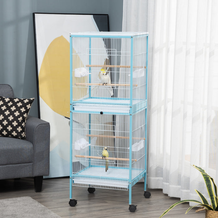Pawhut 55.1\" 2 In 1 Bird Cage Aviary Parakeet House For Finches, Budgies With Wheels, Slide-out Trays, Wood Perch, Food Containers, Light Blue