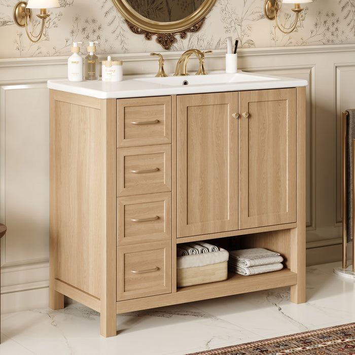 Oakmere 36 Inch Single Sink Bathroom Vanity with Two Doors and Two Drawers, Natural Wood