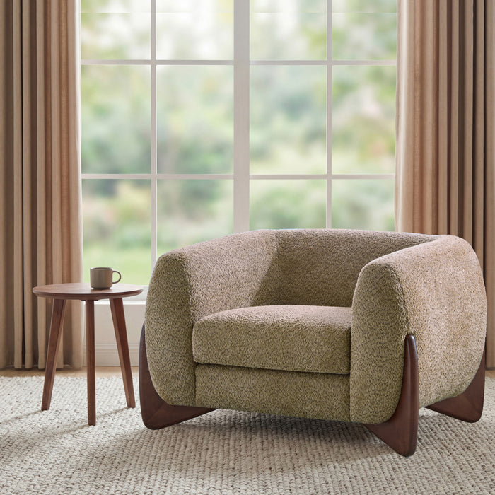 Tuxor Modern Upholstered Boucle Arm Chair with Tuxedo Design, Light Brown, Walnut