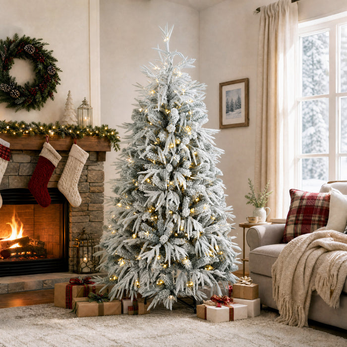 HOMCOM 6ft Prelit Christmas Tree, Flocked Xmas Tree, Green and White