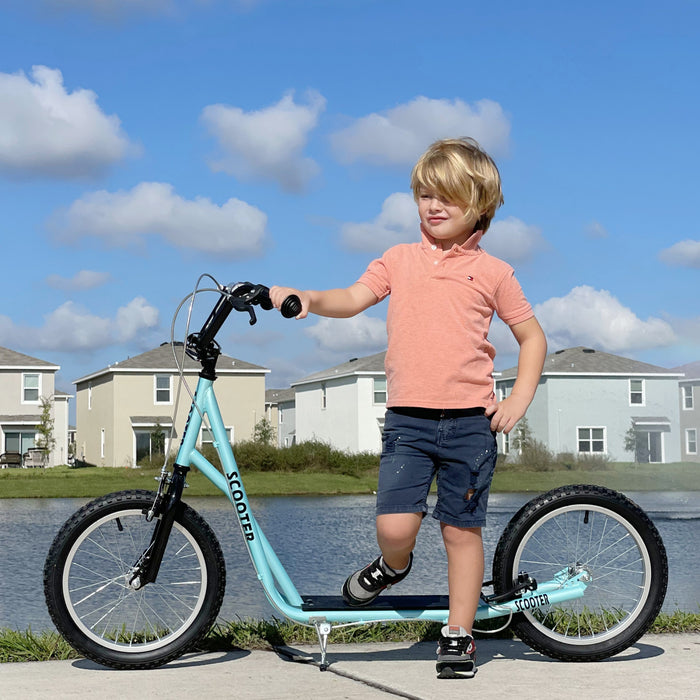 Aosom Youth Scooter Street Kick Scooter For Teens Kids Ride On Toy W/ 16'' Inflatable Wheel Dual Brakes For 5+ Year Old Blue