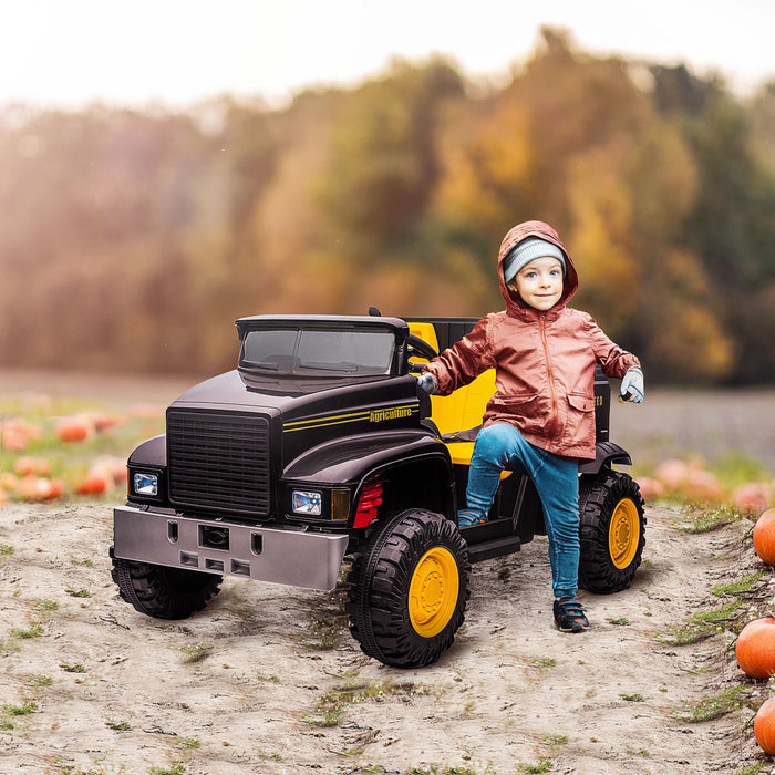 Aosom Two-seater Kids' Tractor With Detachable Bucket, 12v Battery Powered Ride-On Farm Truck With Parental Control, 2 Speeds, Music Lights, Suspension Wheels, Black
