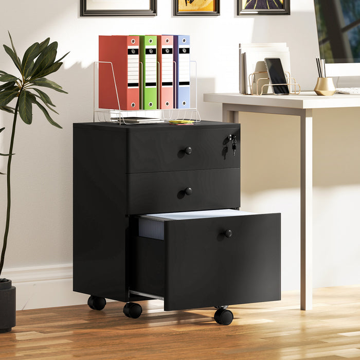HOMCOM 3-Drawer Filing Cabinet with Lock, Mobile File Cabinet, Black