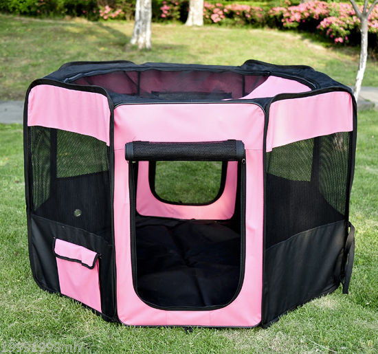 Pawhut 49.2\" Folding Soft Pet Playpen Tent Kennel Puppy Cat Dog Exercise Crate With Carry Bag Pink And Black