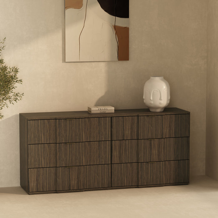 Clive Mid-Century Modern 72\" Dresser in Walnut Brown and Gold (6-Drawer)