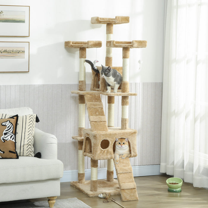 PawHut 68 inches Cat Tree, Multi-Level Large Cat Tower Condo with Scratching Posts, Perches, Cat Houses, Dangling Toy, Light Brown