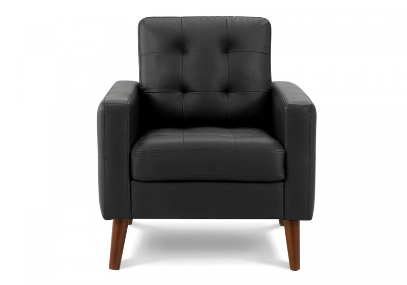 31\" Wide Upholstered Accent Chair, Black Leather-Look, Walnut Wood Legs, Mid-Century Mod Accent Chair