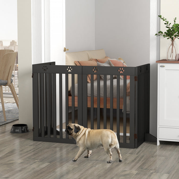 Pawhut Freestanding Pet Gate 4 Panel Dog Barrier Folding Safety Fence With Support Feet Up To 80.25\" Long 29.5\" Tall For Doorway Stairs Black