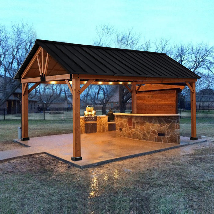Outsunny 11' X 13' Wooden Gazebo Canopy Outdoor Sun Shade Shelter W/ Steel Roof, Solid Wood, Black & Natural