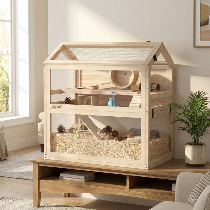 PawHut Wooden Hamster Cage, 3-Tier Gerbil Cage with Openable Top, Wheel, Seesaw, Hut, Ramps, Water Bottle, Transparent Panels for Dwarf Hamsters and Gerbils, 30.1\" x 17.9\" x 30.6\"