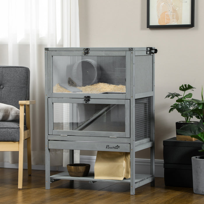 Pawhut Wooden Hamster Cage, Mice Rodent Small Animals Kit Hutch, 2-tier Exercise Play House, With Storage Shelf, Sliding Tray, Seesaw, Running Wheel, Lockable Roof, 23.5\" X 15.75\" X 35.5\", Grey