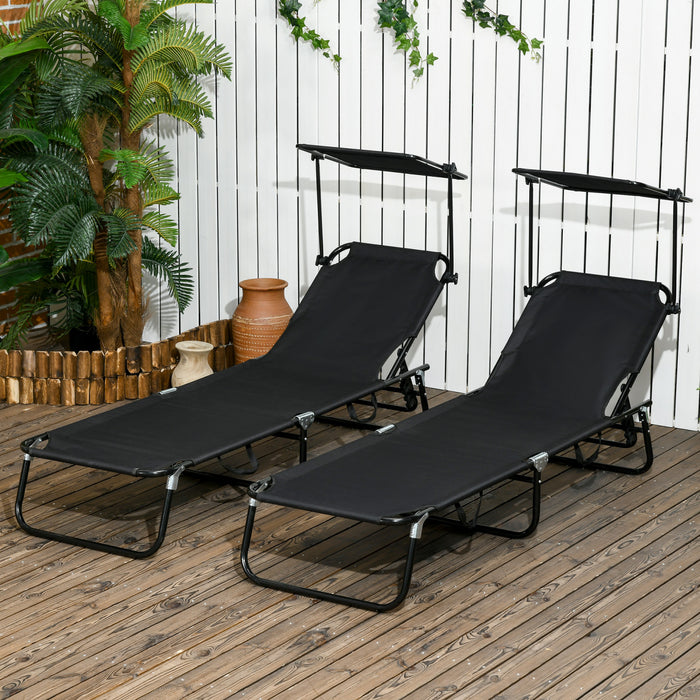 Outsunny 2 Piece Folding Chaise Lounges With Adjustable Backrest, Black