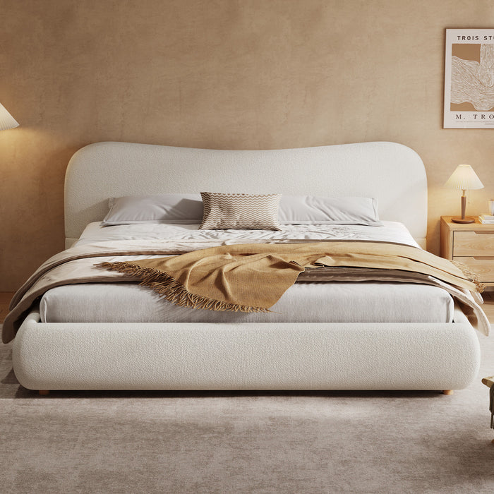 Camille Platform Bed with Curved Headboard and Luxurious Boucle Upholstery,King Size,White King Bed