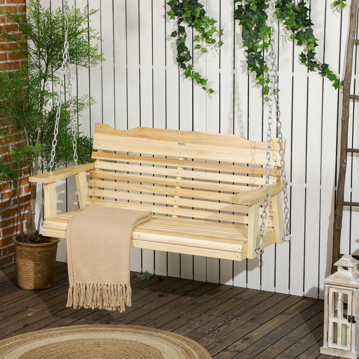 Outsunny Hanging Porch Swing, Patio Swing With Armrests, Natural Wood