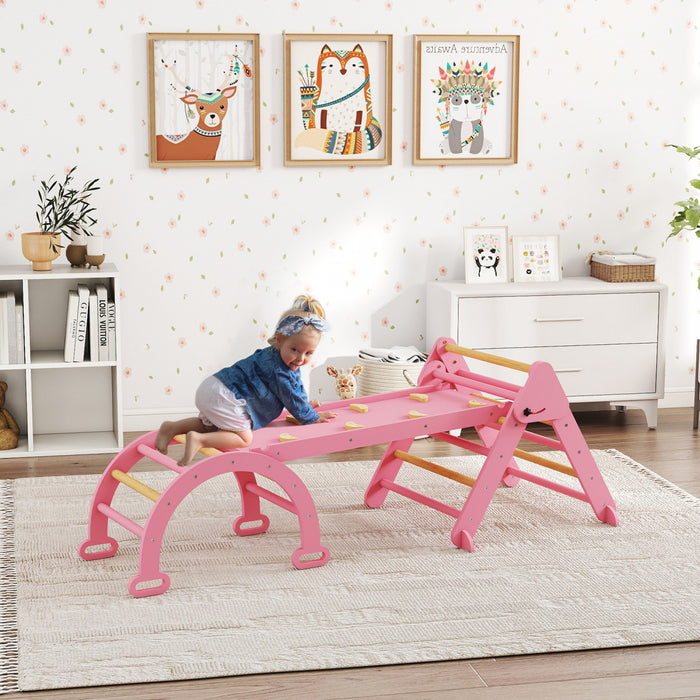 Qaba 7-in-1 Pikler Triangle Set, Foldable Wooden Climbing Toys with Arch, Ramp and Ladder, Montessori Indoor Playground Jungle Gyms for Toddlers 1-4 Years, Pink