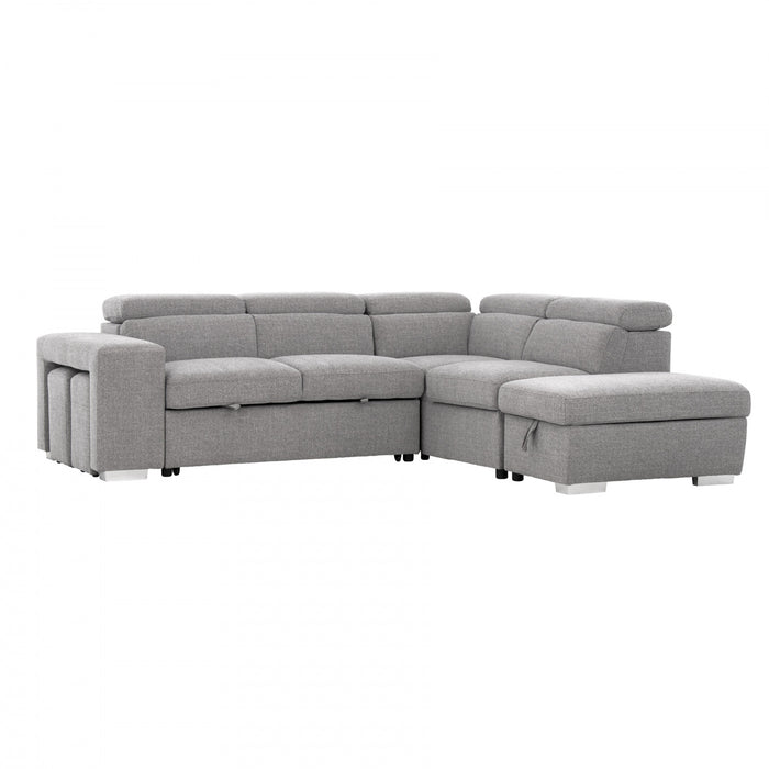 Pax 105 in. Fabric Sleeper Sectional with Storage Chaise, Nested Stools and Adjustable Headrests - Grey