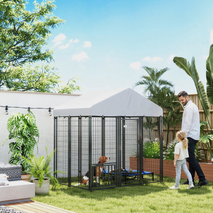 Pawhut 5.9' X 4' X 6' Dog Run Outdoor, Large Outdoor Dog Kennel Welded Wire Steel Fence With Uv-resistant & Waterproof Cover, Rotating Adjustable Bowls, Secure Lock, Silver