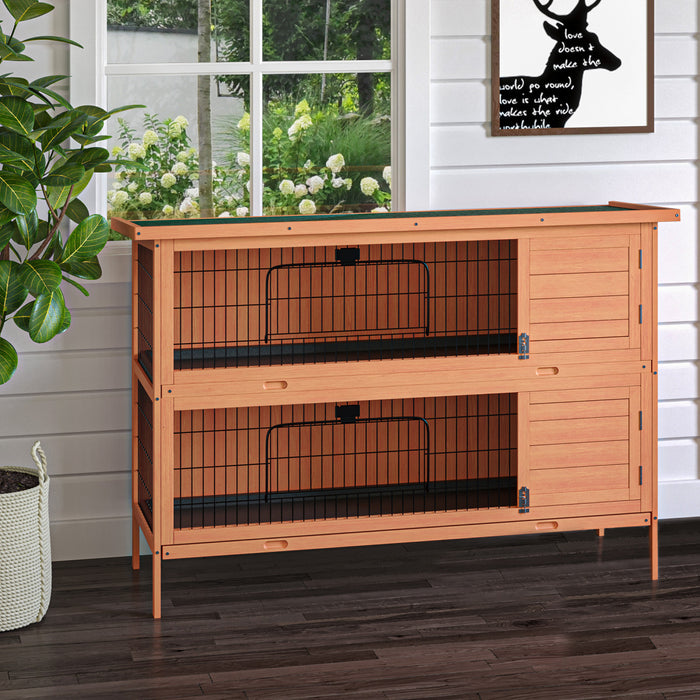 Pawhut 54\" 2-story Large Rabbit Hutch Bunny Cage Wooden Pet House Small Animal Habitat With Lockable Doors, No Leak Tray And Waterproof Roof For Rabbits, Chickens, Ducks, Outdoor/indoor Natural
