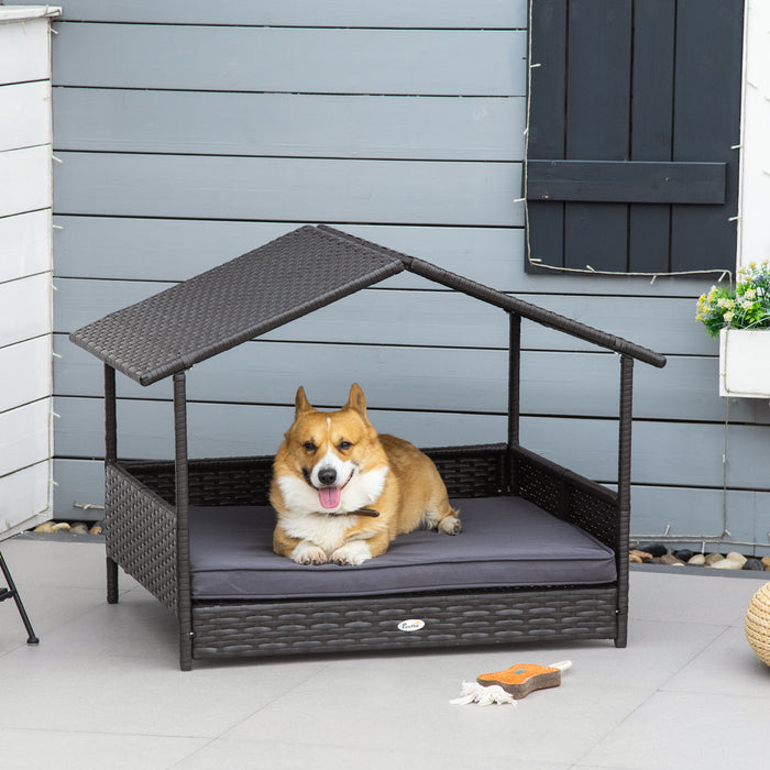 Pawhut Elevated Rattan Dog Bed Pet Home Indoor Outdoor Wicker Dog Cat Dog House Pet Furniture Sofa Bed With Padded Cushion And Roof Shelter Grey
