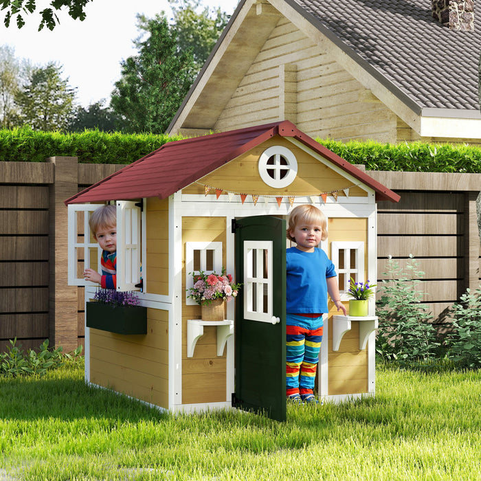 Outsunny Kids Outdoor Indoor Playhouse, Wooden Toddlers Large Pretend Play Equipment or Chicken Coop with Door, Windows, Planter Pots, Gift Toys for Children 3-8 Years, Beige
