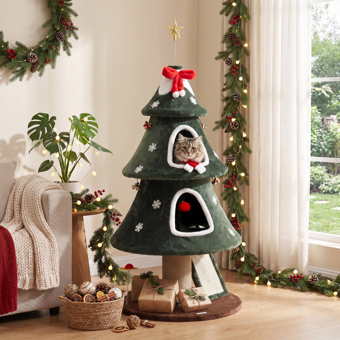 PawHut 52\" Christmas Cat Tree, 2-Tier Cat Tower with Dual Condos, Scratching Posts, Sisal Ladder, Anti-Tip Rope, Hanging Balls, Kitten Furniture for Indoor Cats, Green