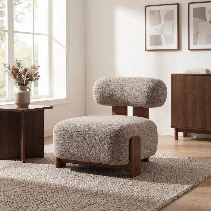 Luma Modern Boucle Lounge Chair with Rolled Backrest and Solid Wood Frame, Brown, Walnut