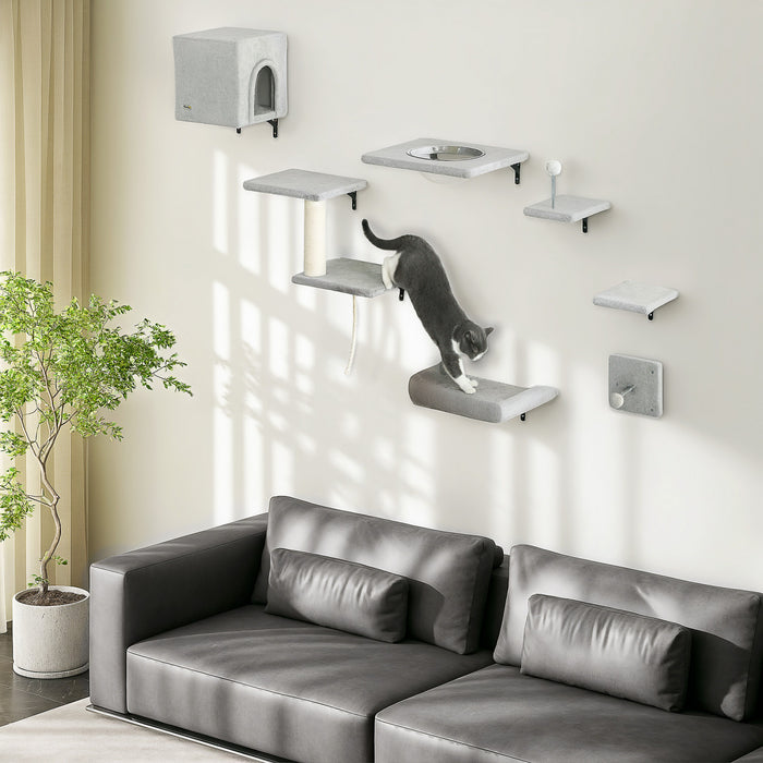 Pawhut Cat Wall Shelves, 7pcs Cat Shelves With Perches, House, Sisal Post Ladder, Bed & Ball, Ceiling Wall Mounted Cat Climber, Grey