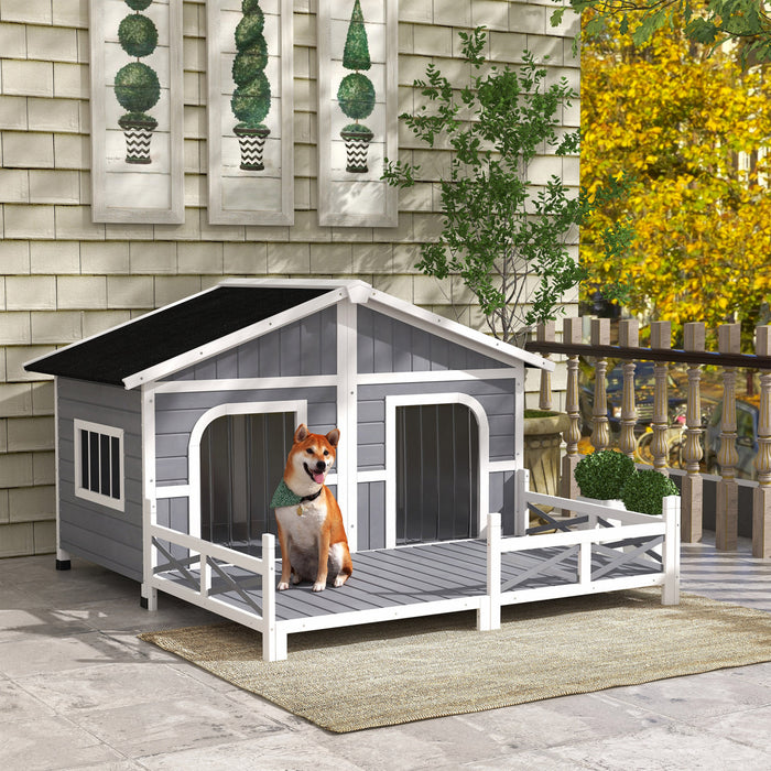 Pawhut 59\"x64\"x39\" Wood Dog House Outdoor Cabin Style Elevated Pet Shelter W/porch Deck, Grey