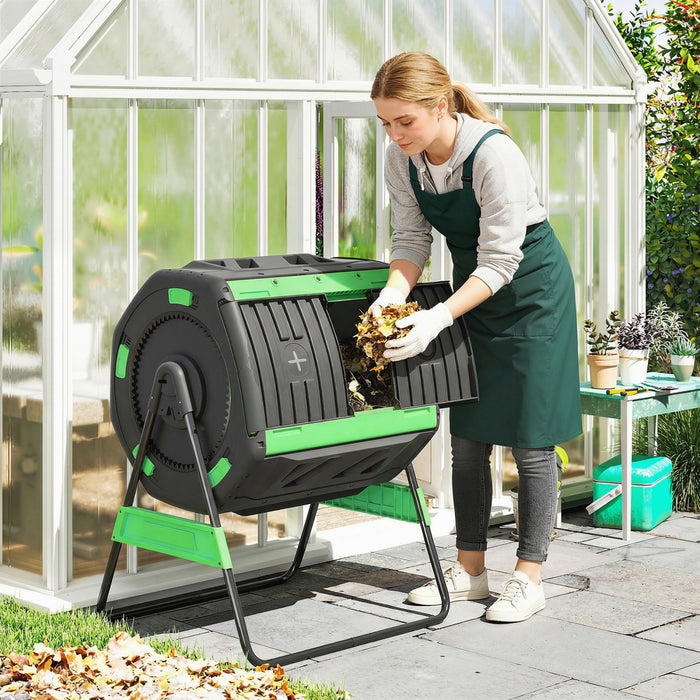 Outsunny Compost Bin Outdoor, 53 Gal Dual Chamber Tumbling Composter with Adjustable Vents, BPA Free Rotating Tumbling Composter with 2 Sliding Doors for Garden, Yard, Green