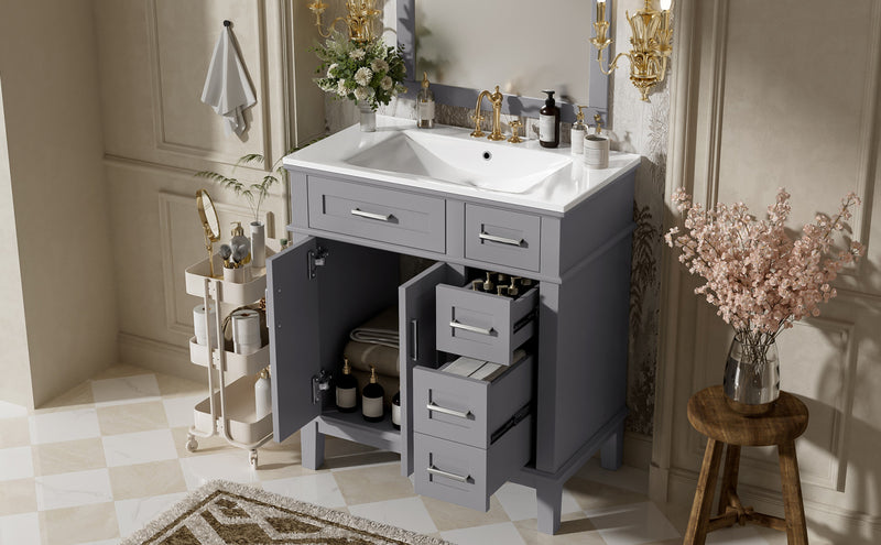 Savannah 30 Inch Bathroom Vanity with Ceramic Sink and Spacious Storage Cabinet, Grey