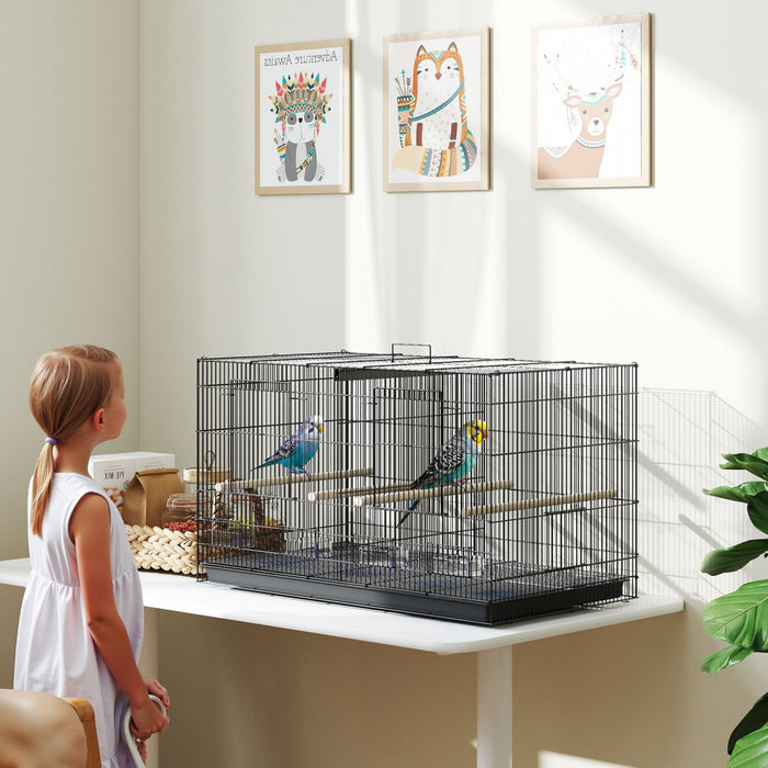 PawHut 18\" H Bird Cage, Parakeet Cages for Budgie, Lovebird, Canary, Finches with Divider, 4 Wooden Perches, Slide Out Tray, 4 Feeders, Black