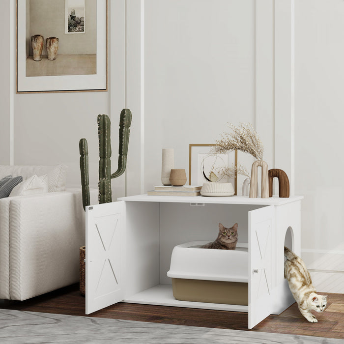 Pawhut Cat Litter Box Enclosure, Hidden Washroom Furniture With Doors, Cat Hole, Handles, Indoor Pet House Side End Table Fit Most Of Cat And Litter Box, 31.5\" X 19\" X 20\", White