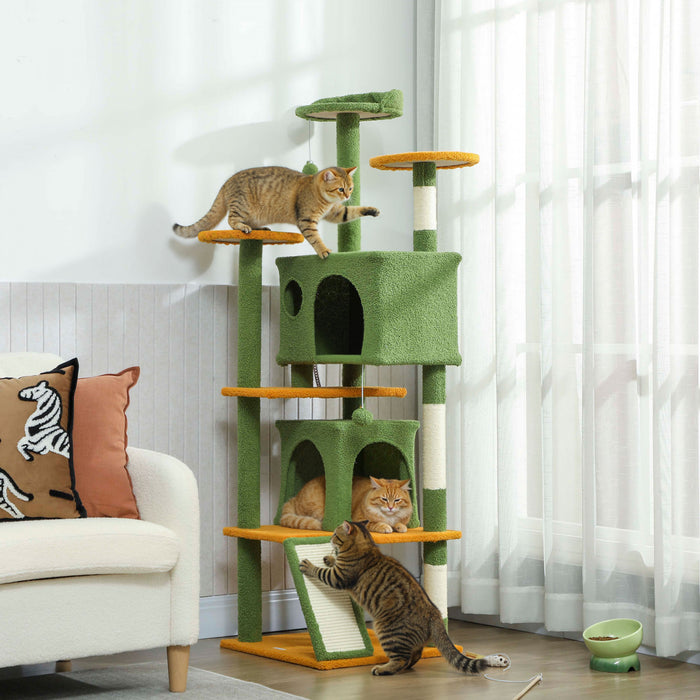 PawHut 63\" Cat Tree, Cat Tower for Indoor Cats with Scratching Posts, Cat Condos, Bed, Platforms, Ramp, Toy Ball, Cat Activity Center, Green