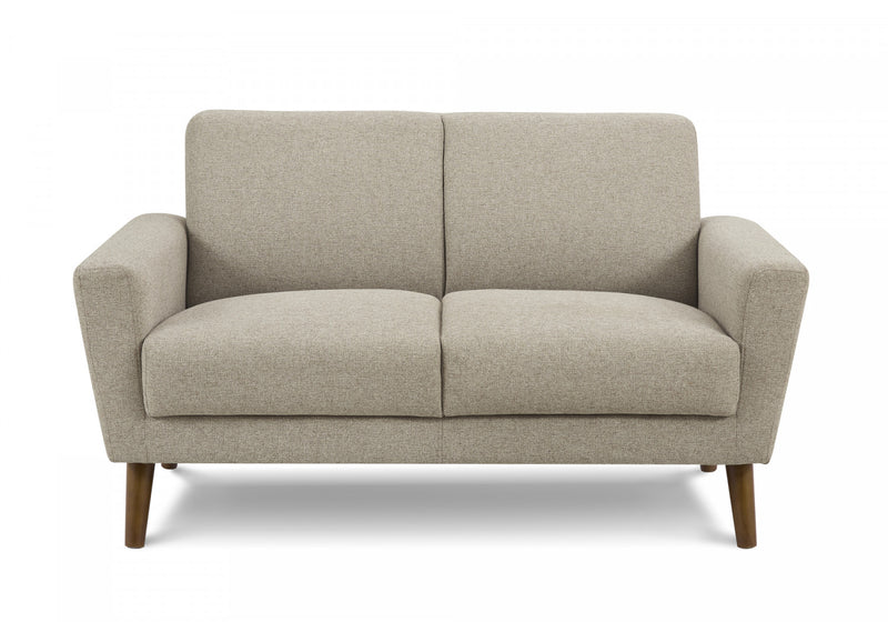 Upholstered Love Seat, 58\" L, Light Brown Fabric, Walnut Wood Legs, Mid-Century, Modern Loveseat