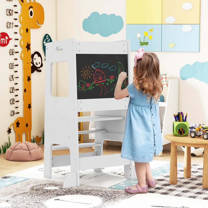 Costway Toddler Kitchen Step Stool With Activity Chalkboard Adjustable Height & Safety Rail White