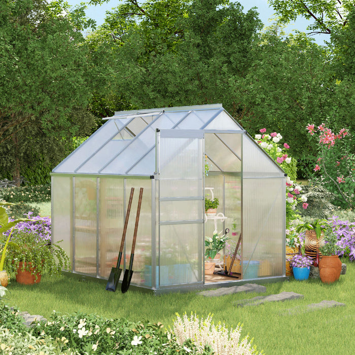Outsunny 6' X 8' X 6.5' Polycarbonate Greenhouse, Walk-in Green House With Adjustable Roof Vent, Galvanized Base, Sliding Door And Rain Gutter For Outdoor, Garden, Backyard, Clear