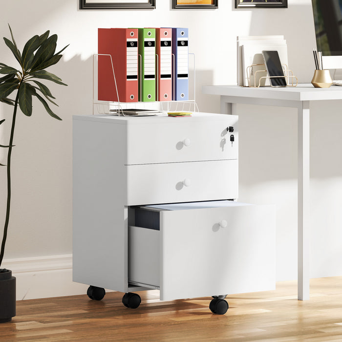 HOMCOM 3-Drawer Filing Cabinet with Lock, Mobile File Cabinet, White