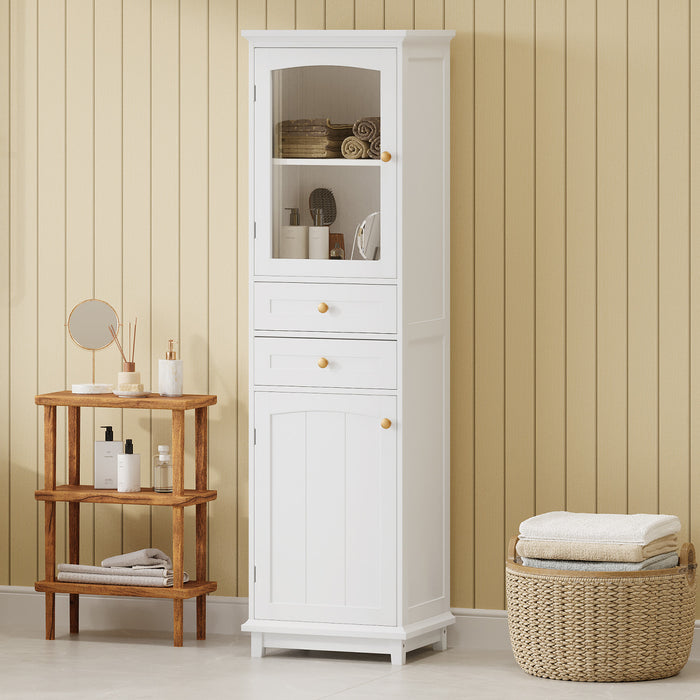 Jamie 63\" Pine Wood Tall Bathroom Storage Cabinet With Adjustable Shelves And Glass Doors - White