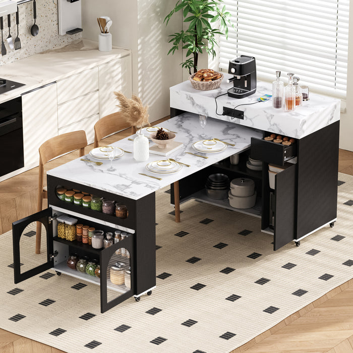 Avery Extendable Dining Table with Rolling Kitchen Island,Black