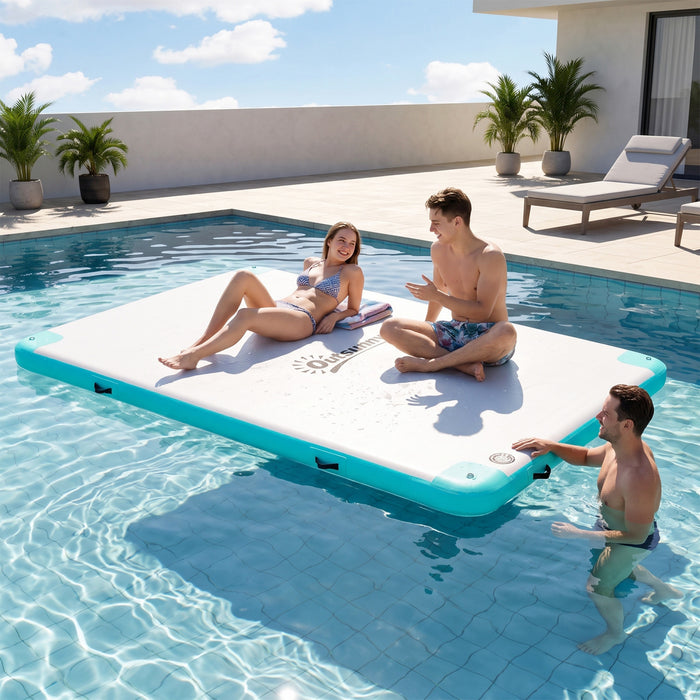 Outsunny 10' x 7' Water Inflatable Floating Dock, Rafting Platform Island, Large Mat with Air Pump & Backpack, for Pool, Beach, Ocean, Blue and Green