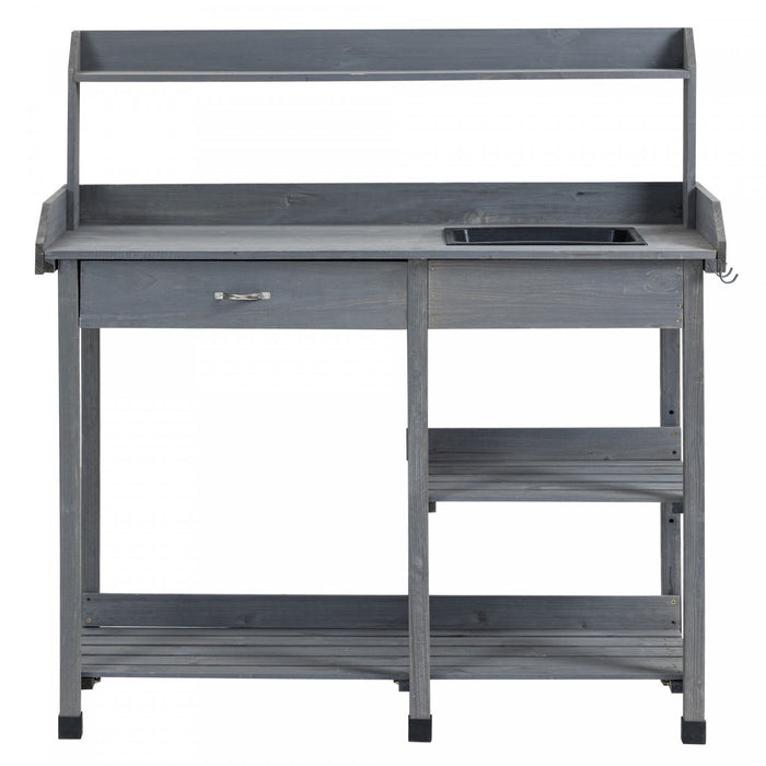Outsunny Potting Bench Table Garden Work Bench Workstation With Drawer, Removable Sink, Storage Shelves And Hooks For Patio, Courtyards, Balcony