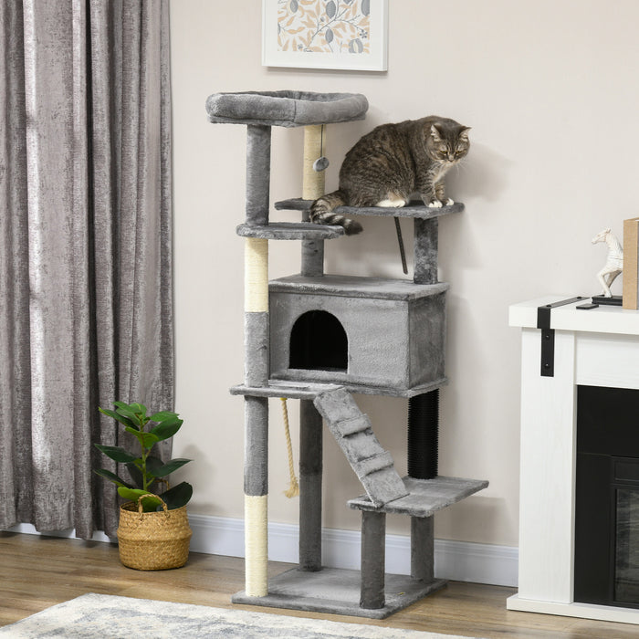 Pawhut Cat Tree For Large Cats Adult, 58\" Tall Cat Tree With Scratching Posts, Large Cat Tower For Indoor Cats With Bed, House, Toys, Grey